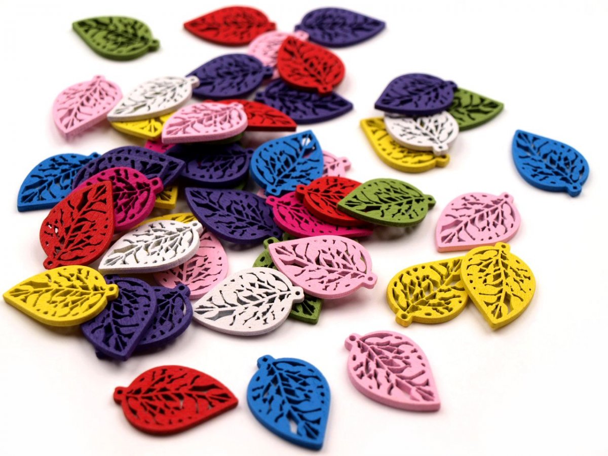 Dřevěný výsek list 4ks- Bílý, červený