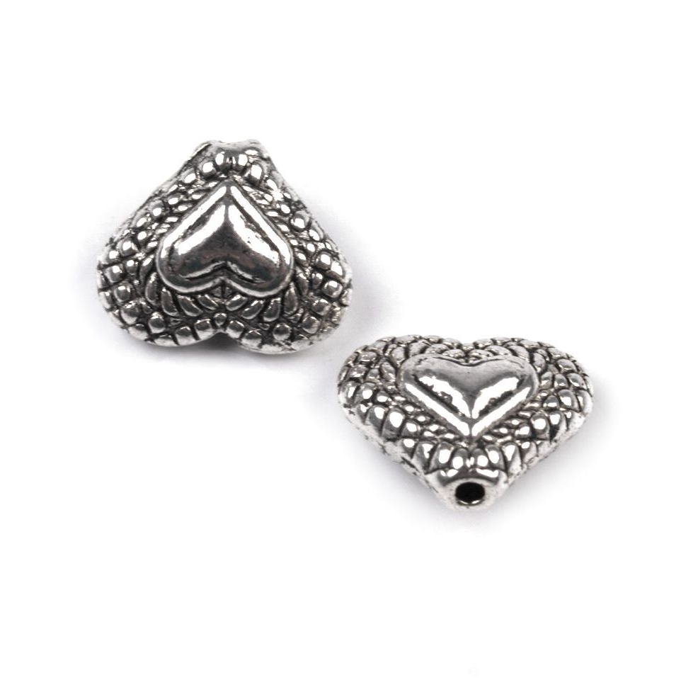 Korálek srdíčko 10x11 mm - starostříbrný - 2 ks
