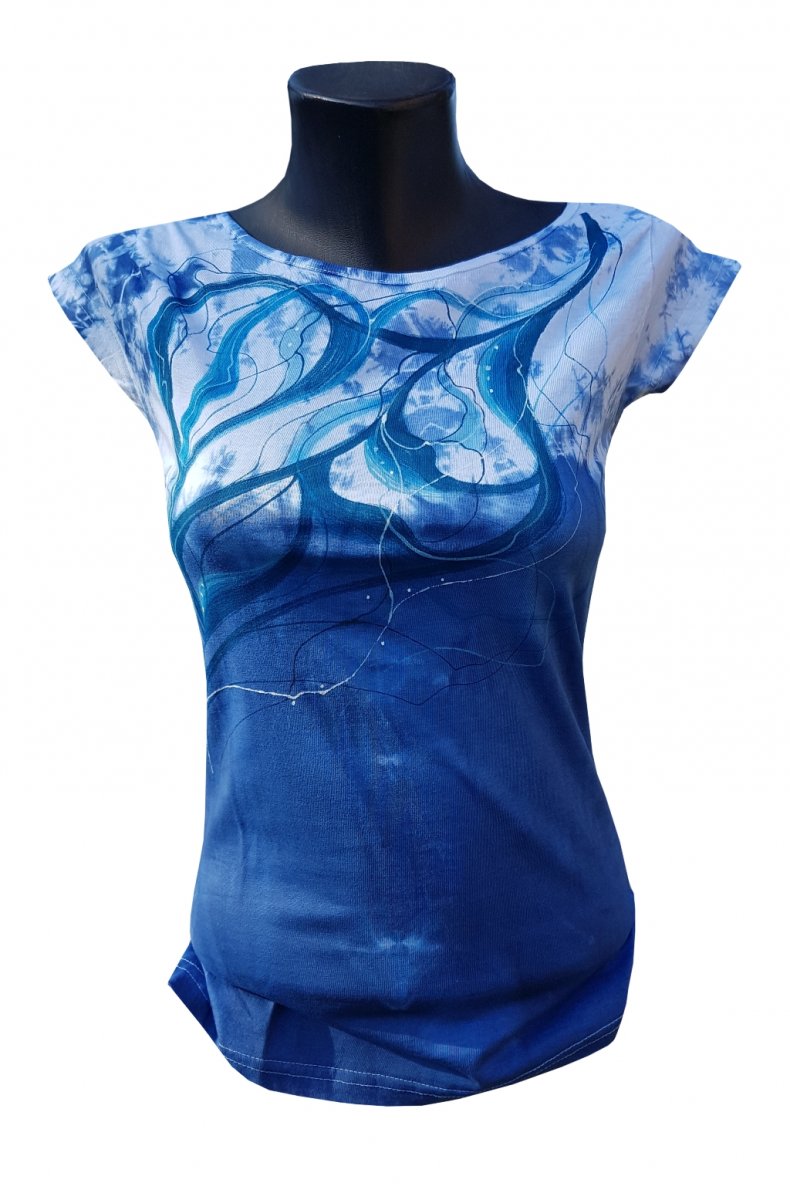 Modré tričko s abstrakcí -ručně malované