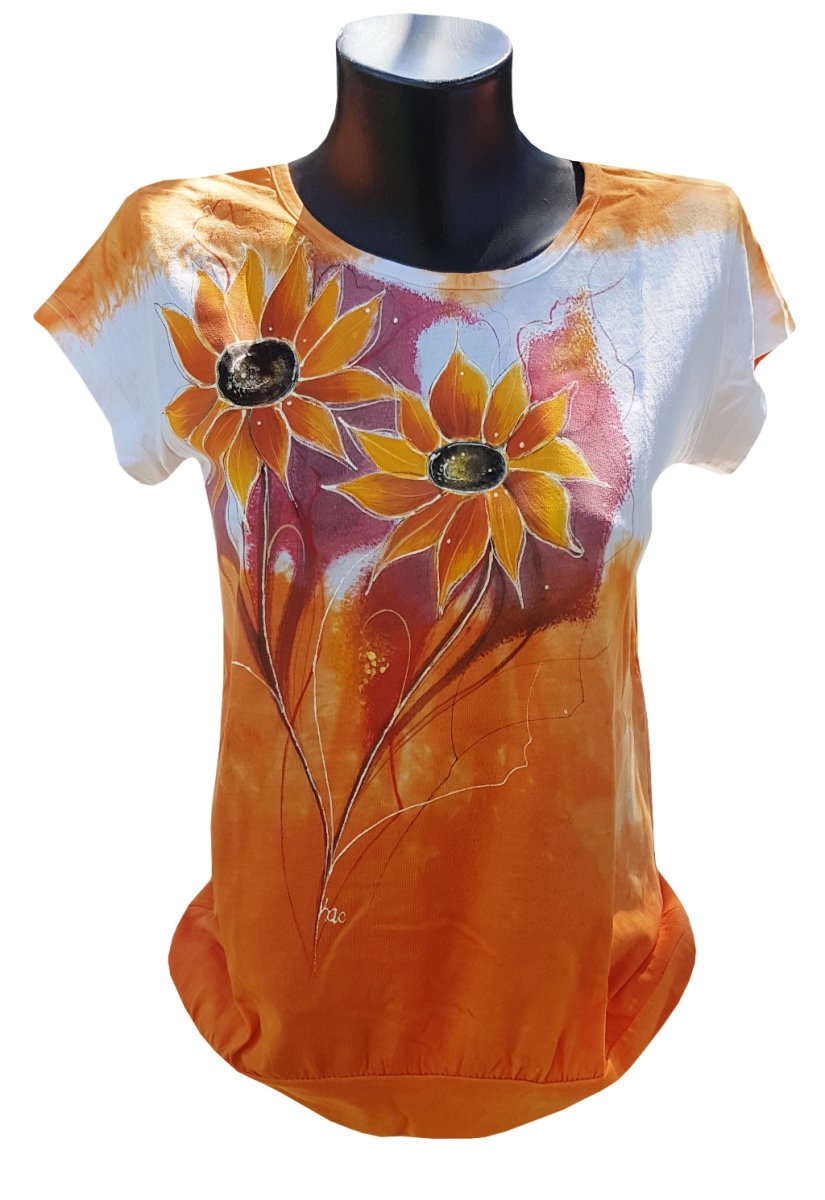 Sleva Oranžové tričko slunečnice S-ručně malované 
