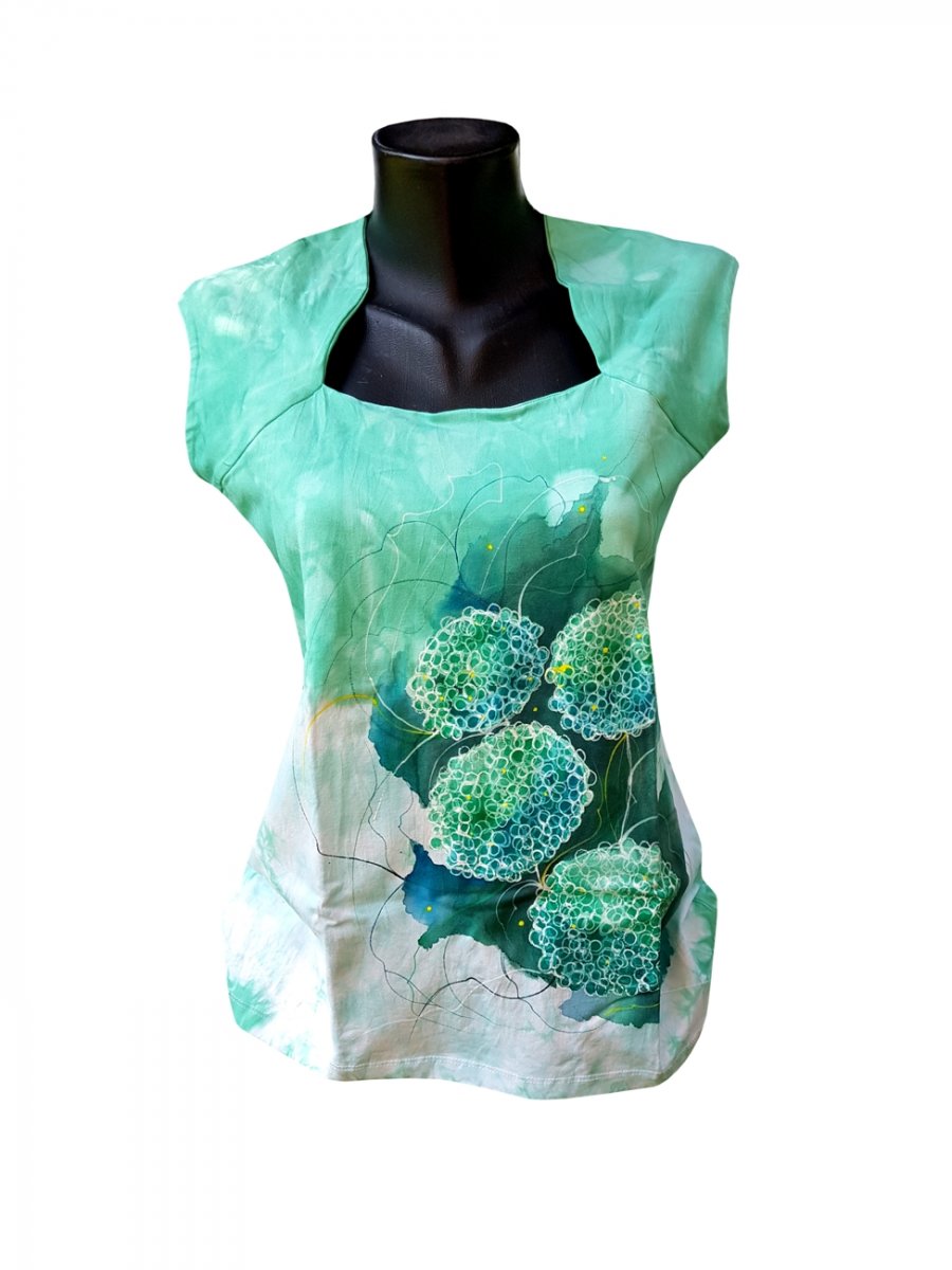 Zelená halenka s hortenziemi-ručně malované