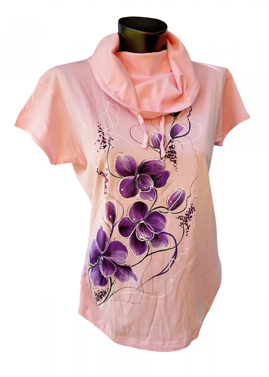 Růžové tričko s orchidejemi -ručně malované