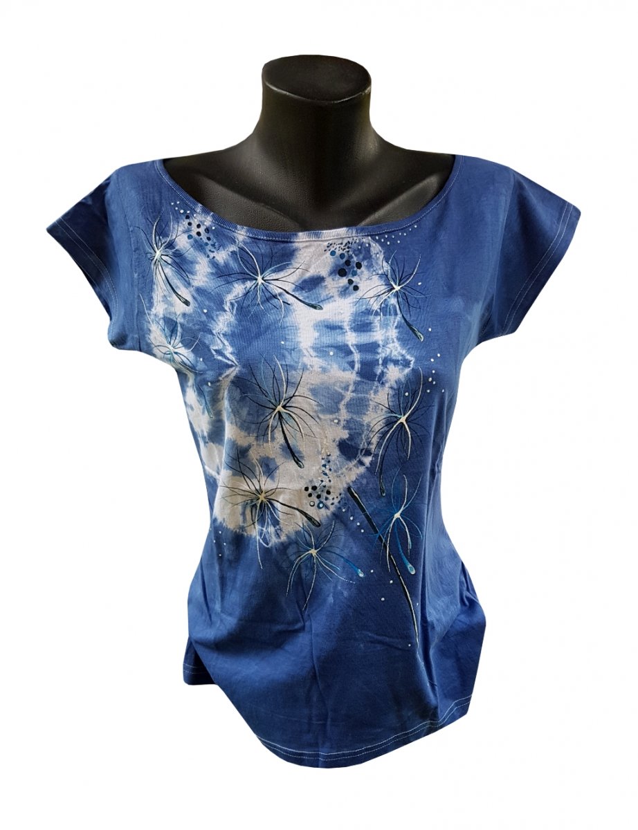 Modré tričko s pampeliškou XXL-ručně malované SLEVA