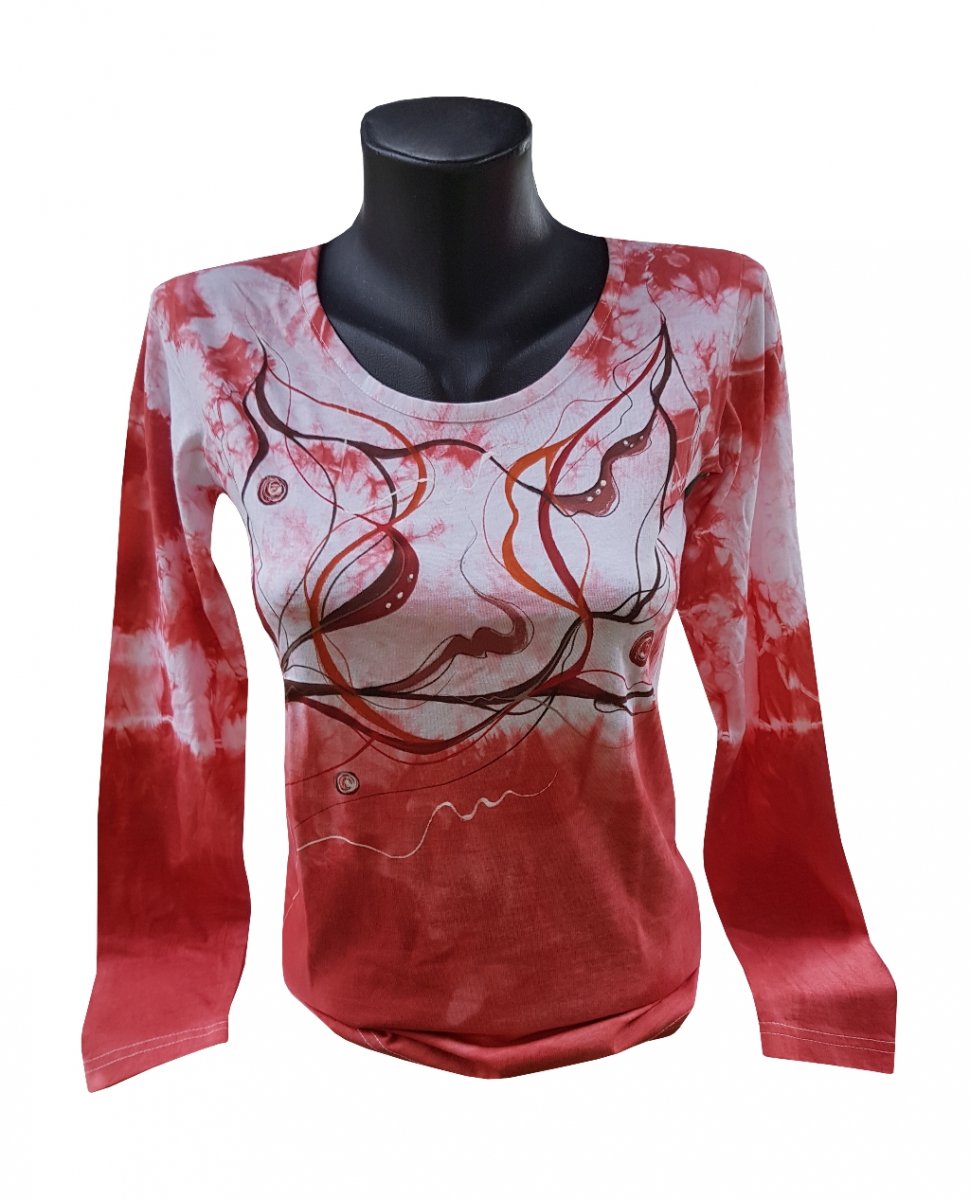 Sleva Červeno-hnědé triko s abstrakcí L a M-ručně malované SLEVA