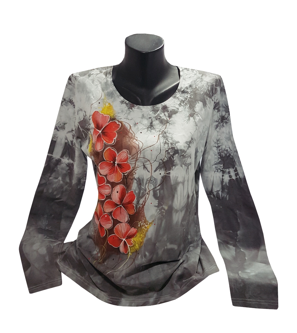 Šedé triko - květinky dlouhý rukáv ručně malovan