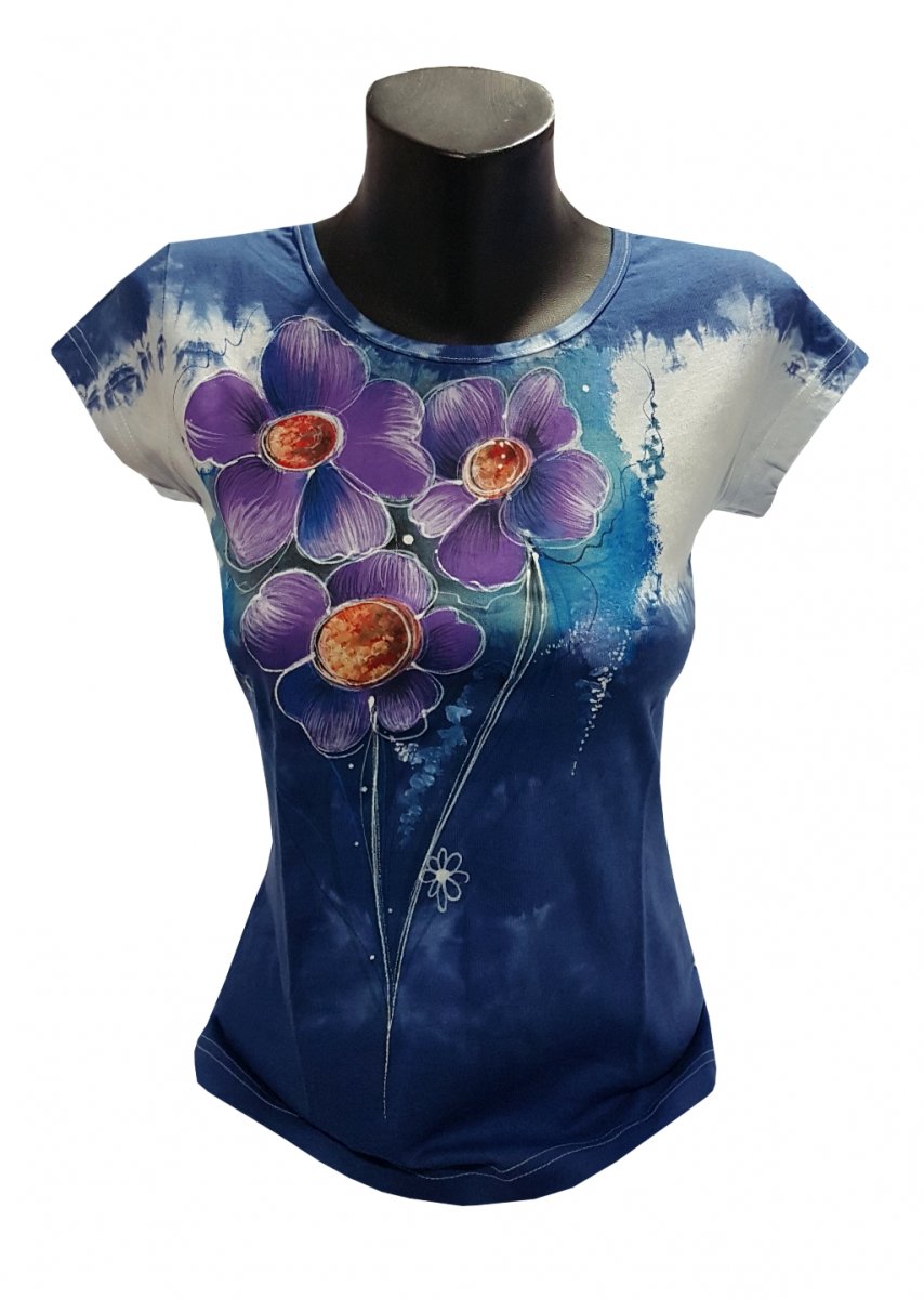 Modré tričko s maceškami-ručně malované
