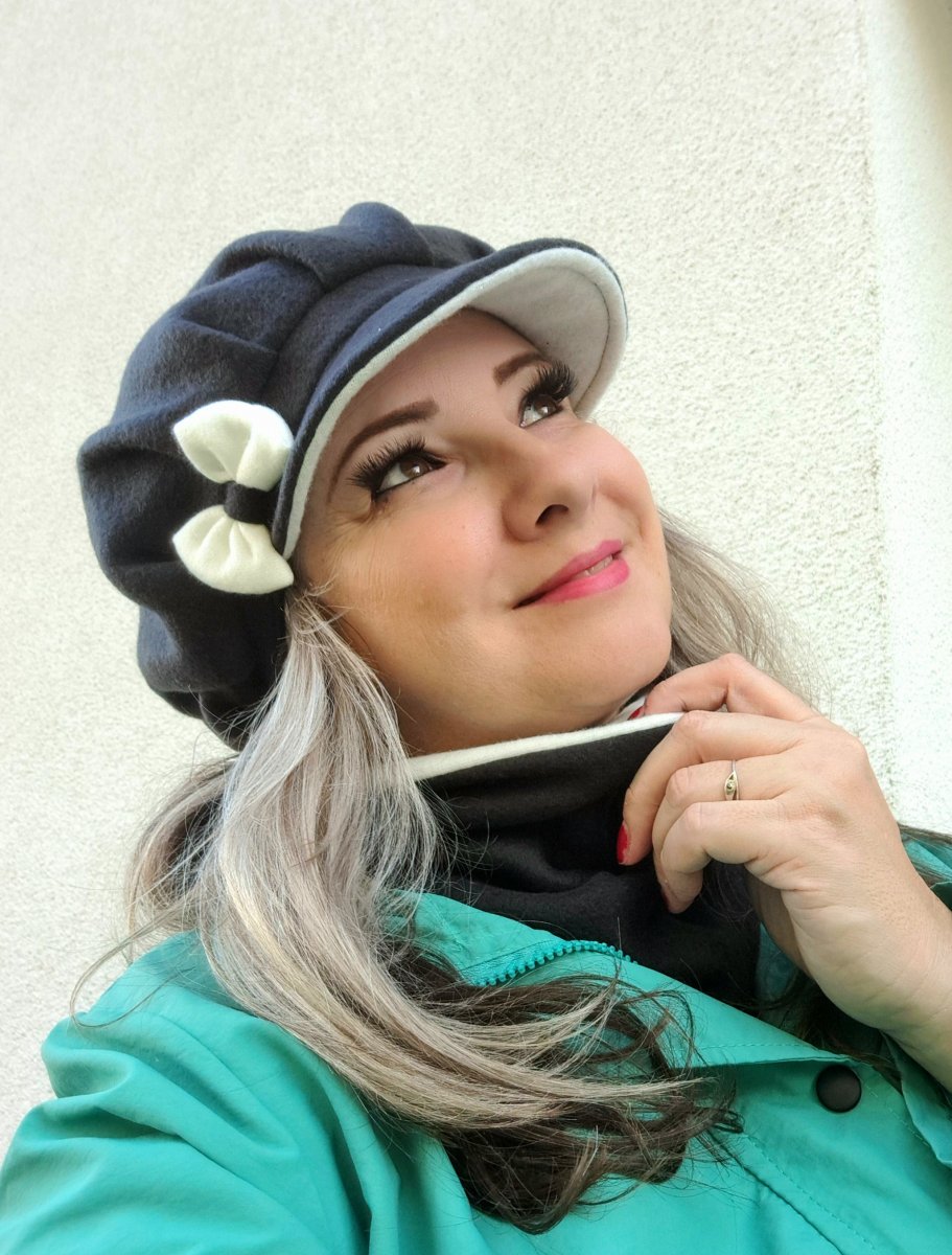 bekovka ,kšiltovka,podzim,zima-černo bílá s mašlí