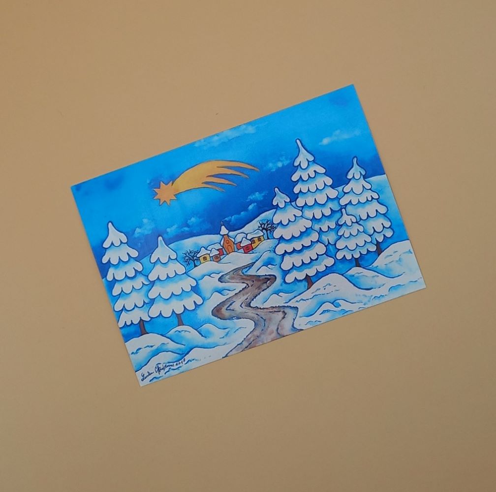 Autorské vánoční blahopřání - Zimní krajina s kometou od L.CH