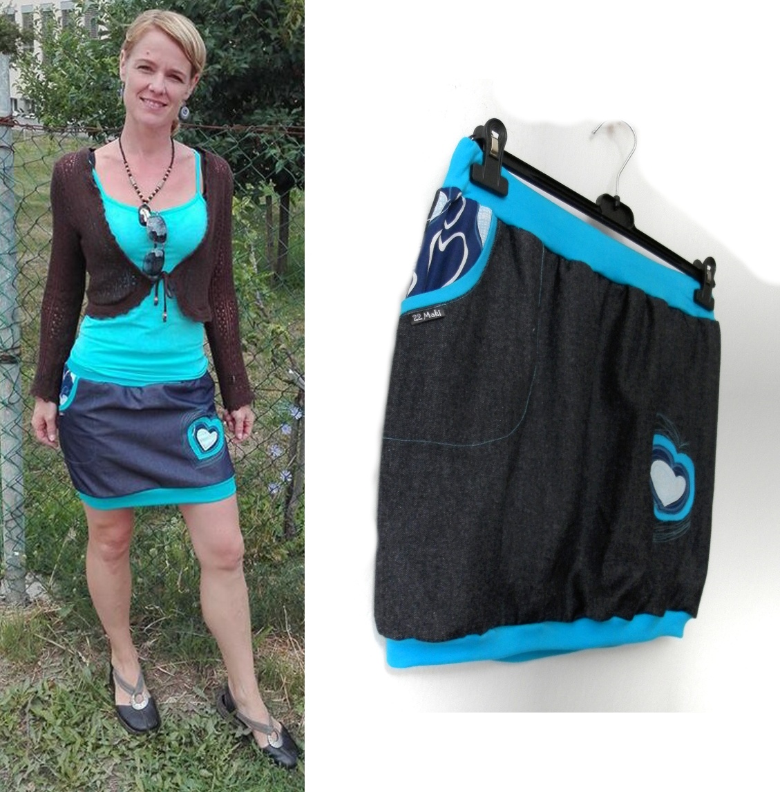 dámská sukně balonová riflová modrá tmavá se srdcem-SLEVA !!!!