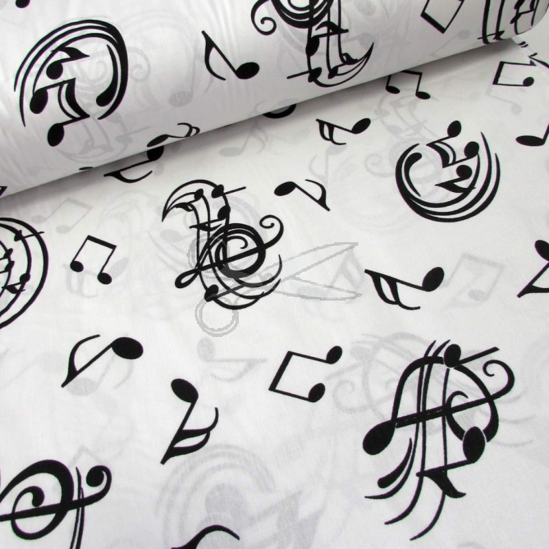 Bavlněná látka - metráž - černý houslovový klíč na bílé - š. 240 cm