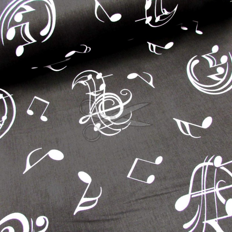 Bavlněná látka - metráž - bílý houslovový klíč na černé - š. 240 cm