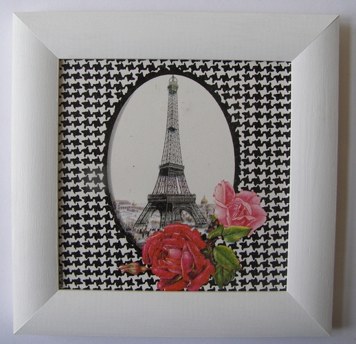 Obrázek dřevěný rám malovaný - 21 x 21 cm  - Paříž a růže