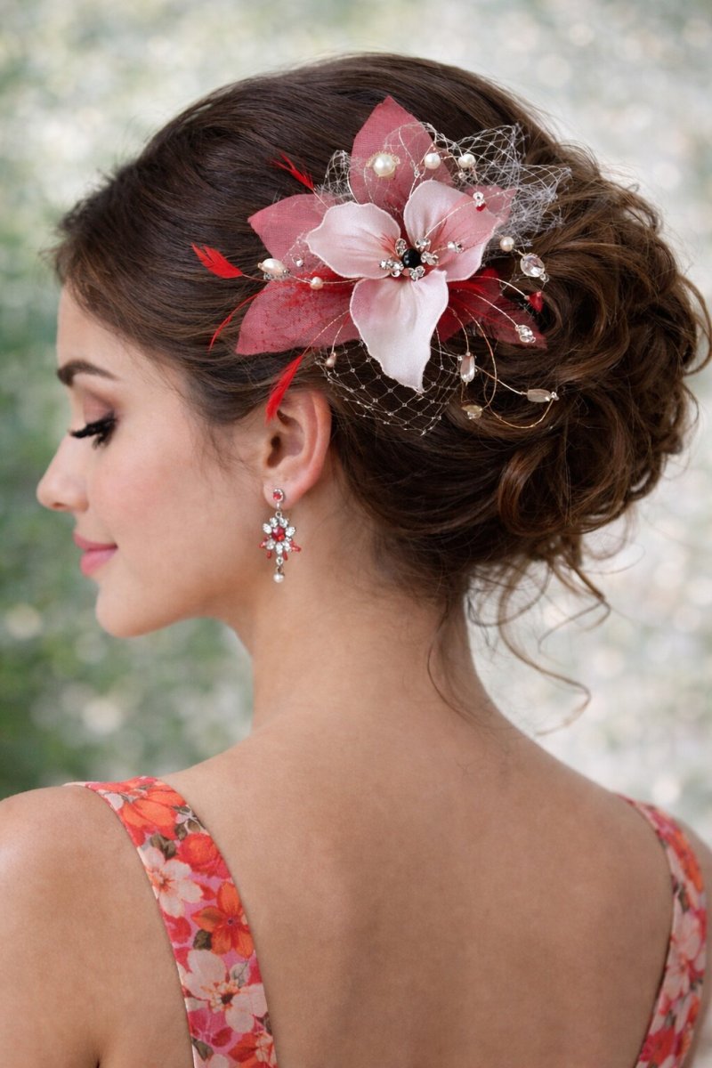 Svatební vlasová ozdoba s perličkami – bílí květ-francouzský závoj