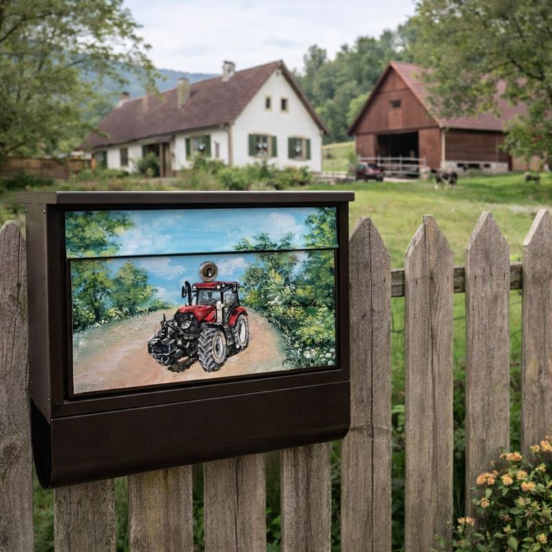 Ručně malovaná poštovní schránka – traktor na venkovské cestě