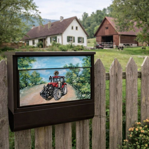 Ručně malovaná poštovní schránka – traktor na venkovské cestě