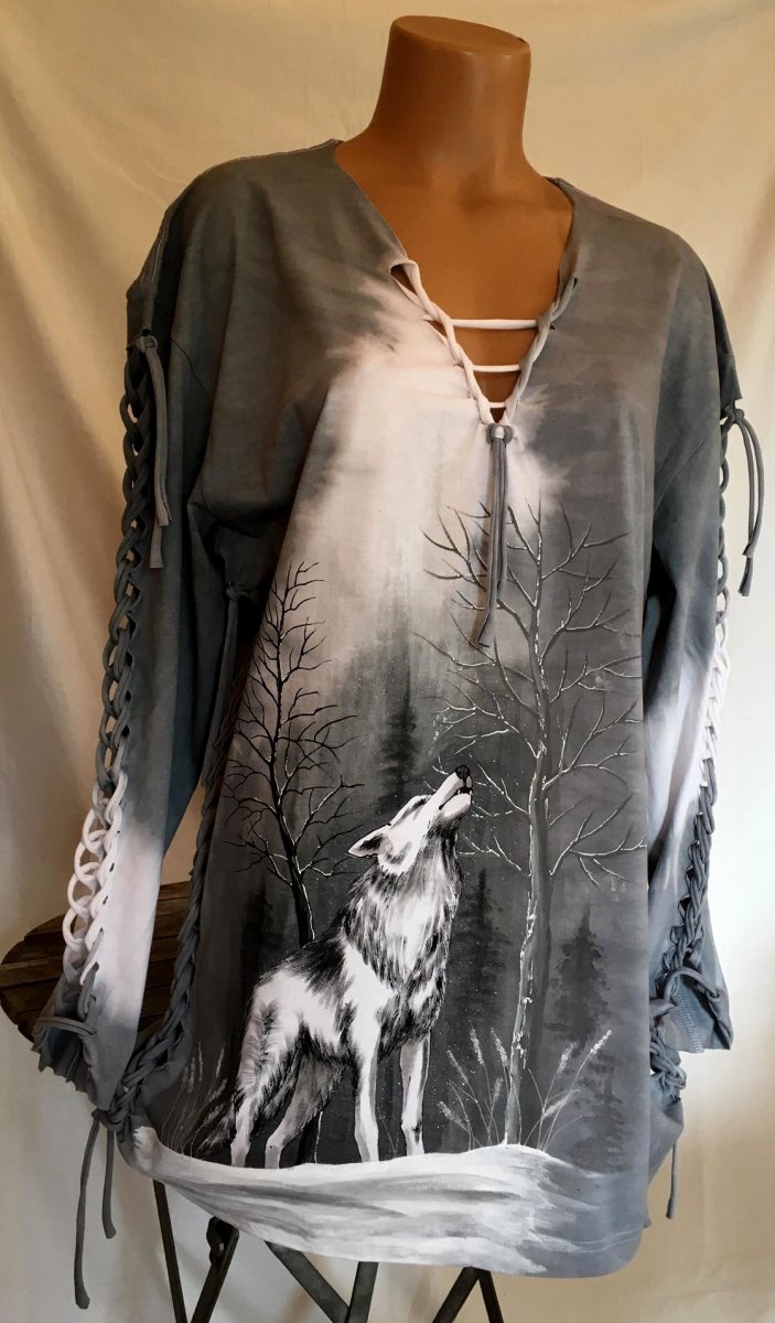 Šedé prostříhané tričko s vlkem