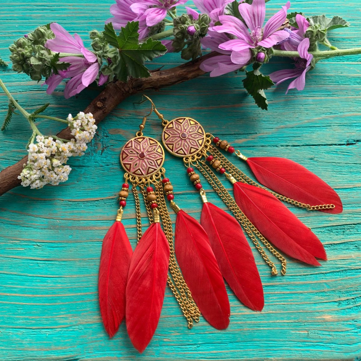 Peříčkové červené náušnice