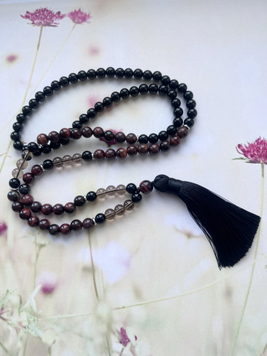 Japa Mala - černý onyx, tygří oko, kouřový křišťál