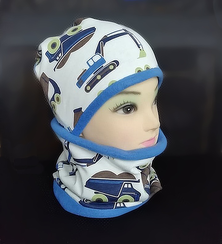 čepice a nákrčník-zimní smetanová+modrá-auta,bagr