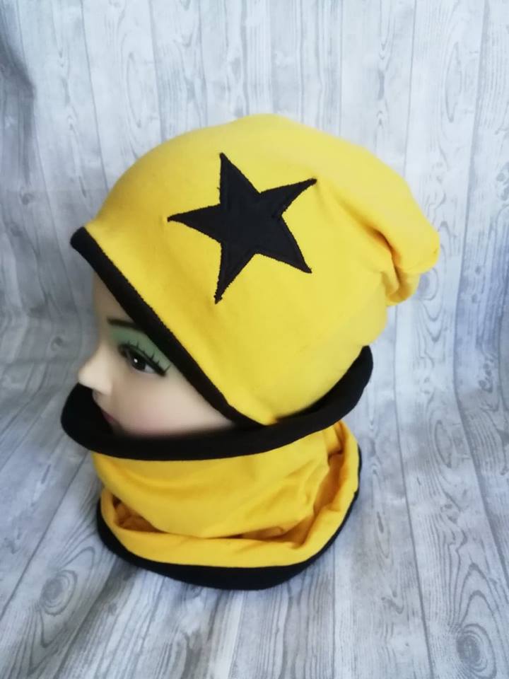 čepice a nákrčník-zimní žlutá-černá+hvězda