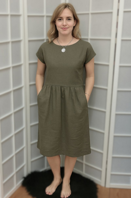 Lněné šaty s kapsami - barva khaki (velikost 2XL a 3XL)