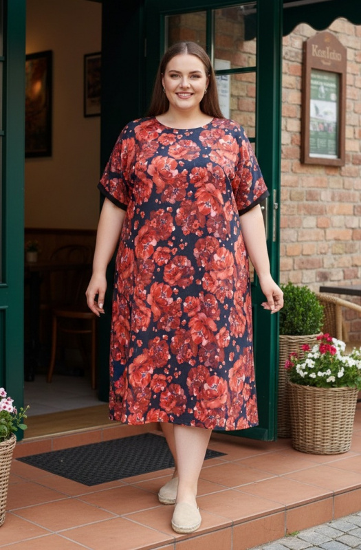 Šaty - červené květy na černé, velikost 4XL  ~ SLEVA ~