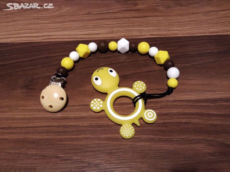 Silikonový klip / kousátko 2v1 žluté-hnědé-bílé