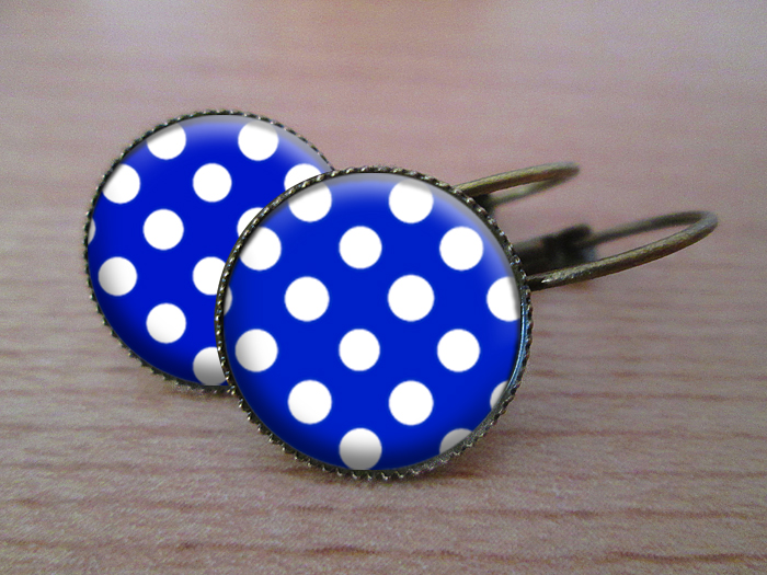 VINTAGE VISACÍ NÁUŠNICE - Modré s puntíky