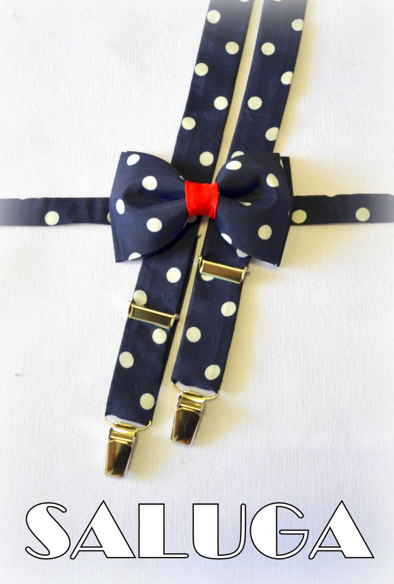 Modro červený set na kuličky motýlek a šle