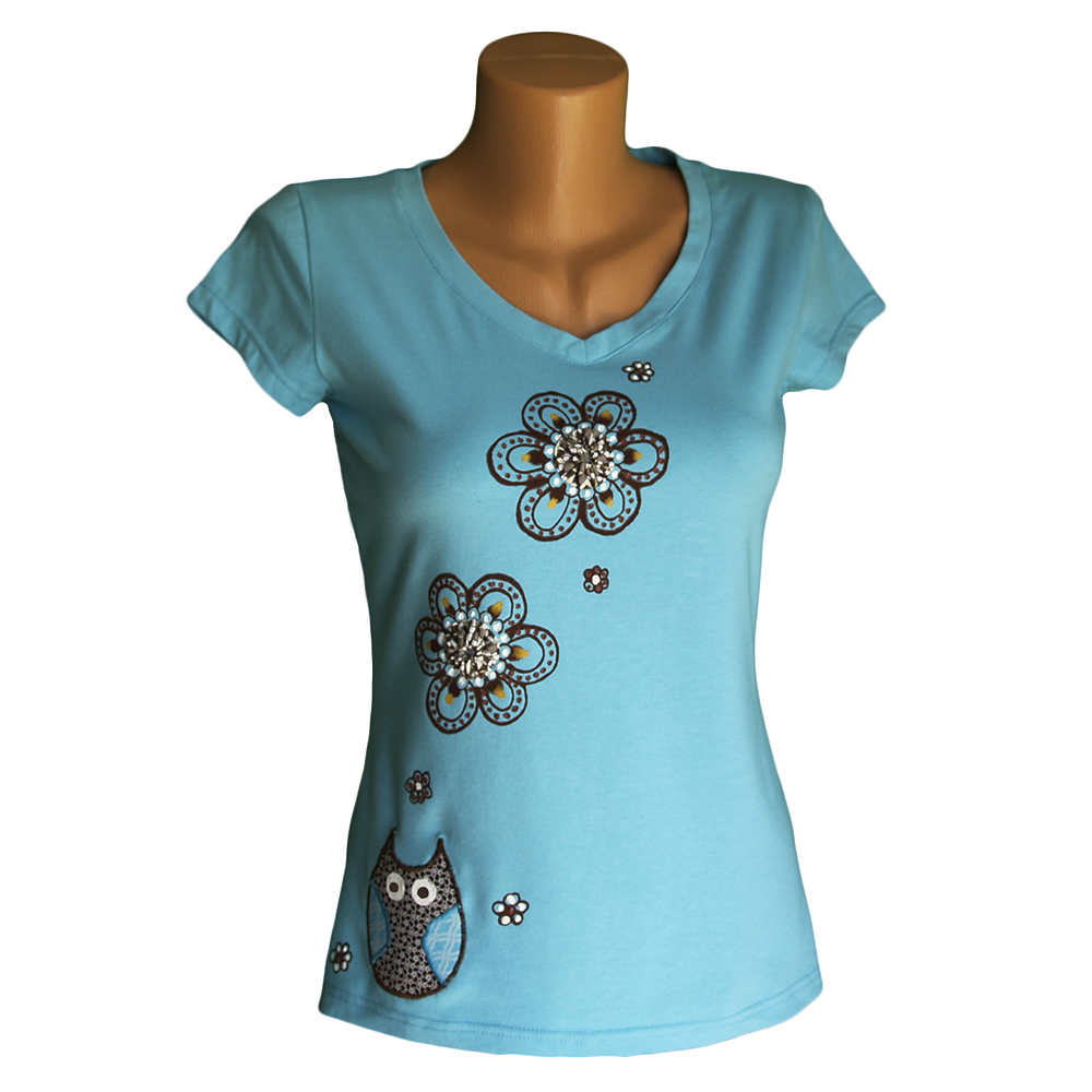 Tyrkysové tričko s našitou sovičkou a 3D kytičkami