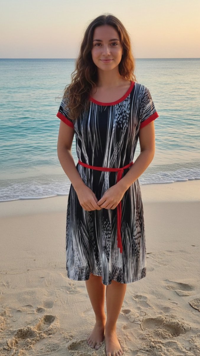 Šaty s páskem - černobílé s červenou, velikost M ~ SLEVA ~