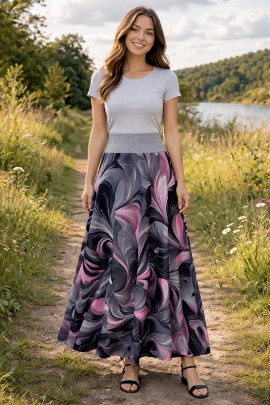 Dlouhá půlkolová sukně - šedorůžové vlnění