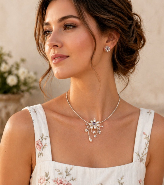 Jemný květinový náhrdelník s perličkami a náušnice – elegantní set pro každý den