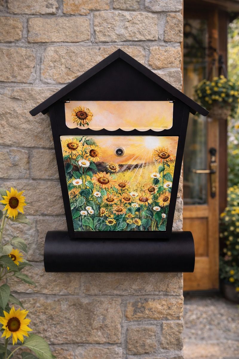 Ručně malovaná poštovní schránka se slunečnicemi a vlčími máky – autorský originál