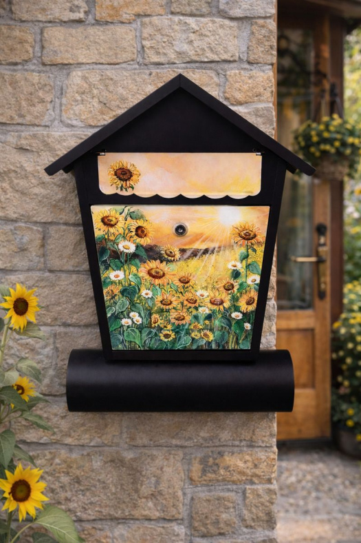 Ručně malovaná poštovní schránka se slunečnicemi a vlčími máky – autorský originál