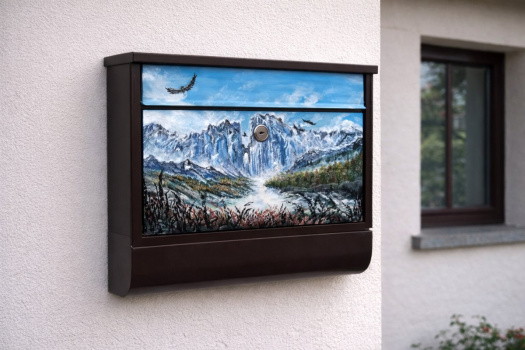 Ručně malovaná poštovní schránka s horským motivem-umělecký design