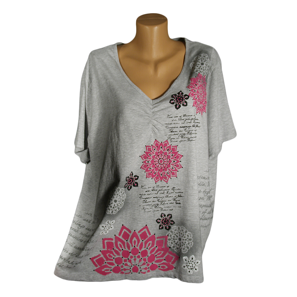 Světle šedé tuniko tričko růžovo černé květy