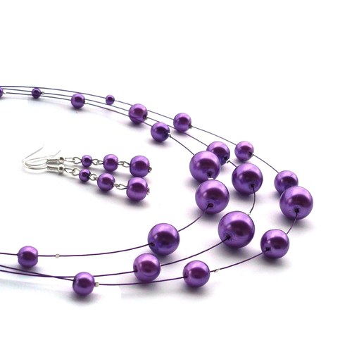 Fialový perličkový náhrdelník s náušnicemi