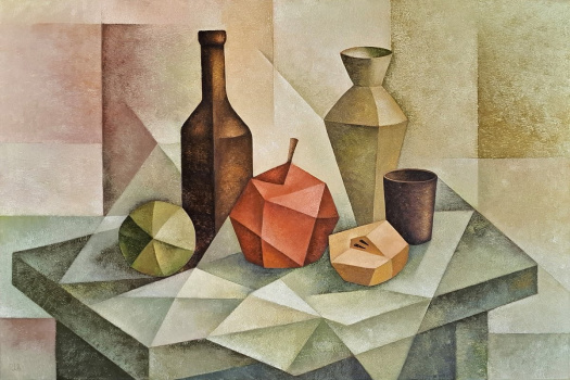 Zátiší s jablkem a lahví