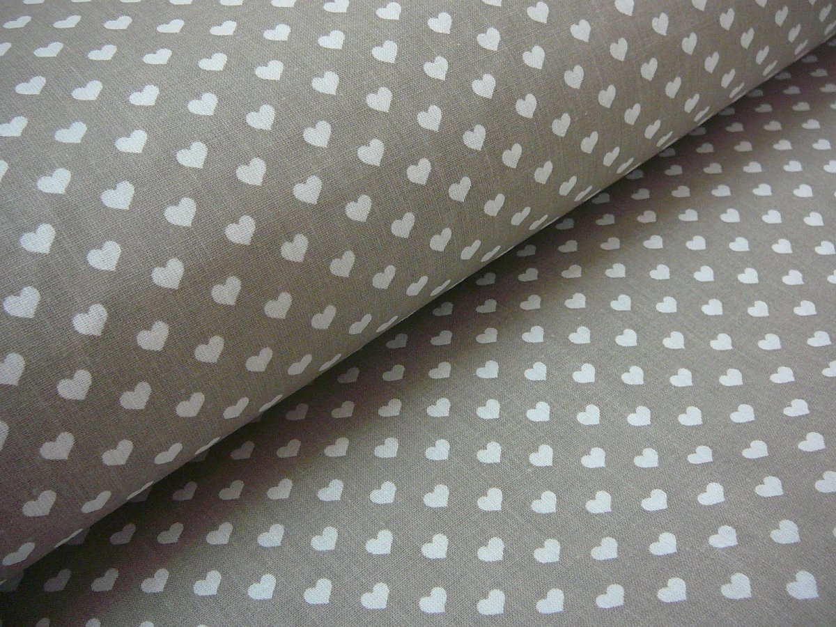 Bavlněná látka - metráž - bílá srdíčka na šedé - š. 140 cm