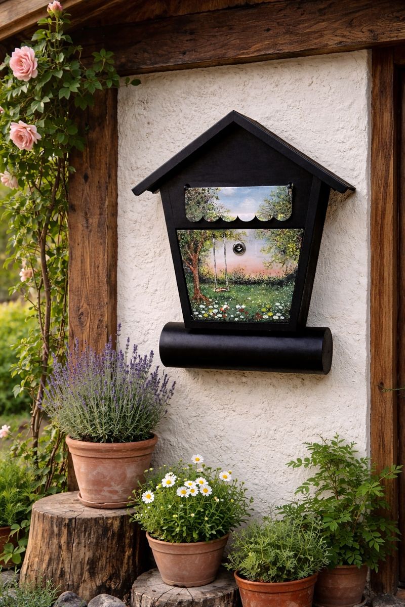 Ručně malovaná poštovní schránka – domeček s motivem zahrady