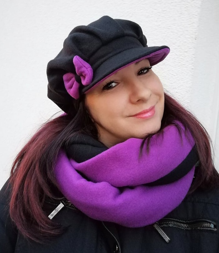 nákrčník dámský z fleesu černo fialový tm.