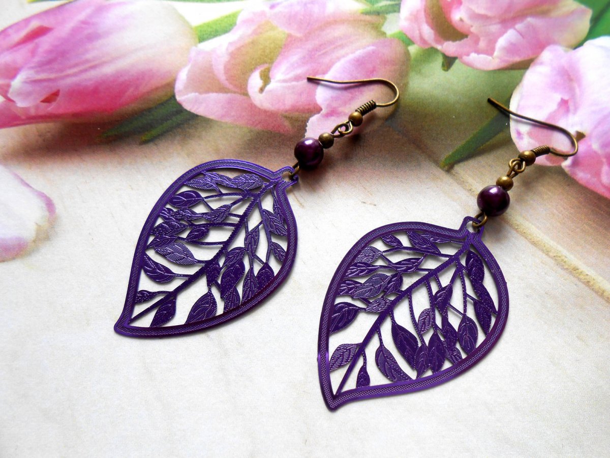 Náušnice lístky fialové (470/16)