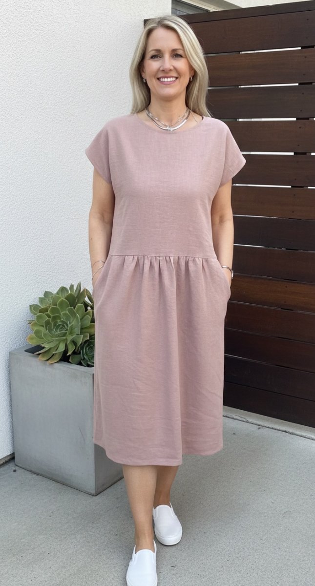 Lněné šaty s kapsami - barva pudrová, velikost M/L 