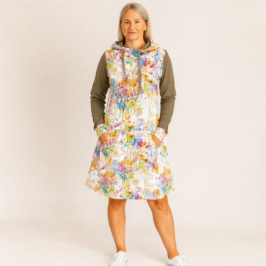 Mikinové šaty s kapucí - barevné keře (teplákovina)