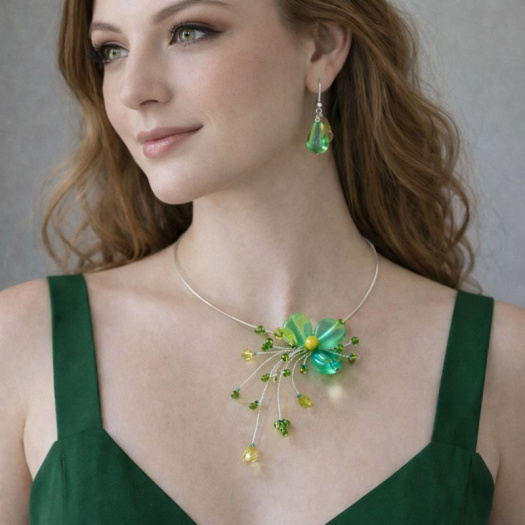 Elegantní zelený náhrdelník s květinovým motivem – ruční výroba