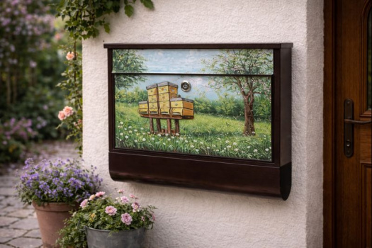 Ručně malovaná poštovní schránka – včelí úl v rozkvetlé zahradě | Originální venkovská dekorace