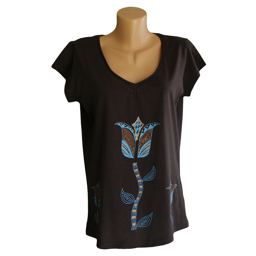 Hnědé dámské tričko s tulipány