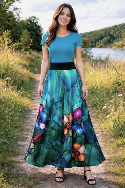 Dlouhá půlkolová sukně - pestré květy