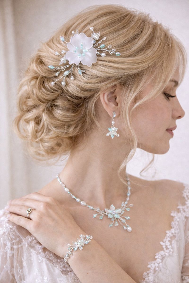 Svatební šperkový set s květinami a perličkami  (náhrdelník, náušnice, náramek + vlasové ozdoby na přání)